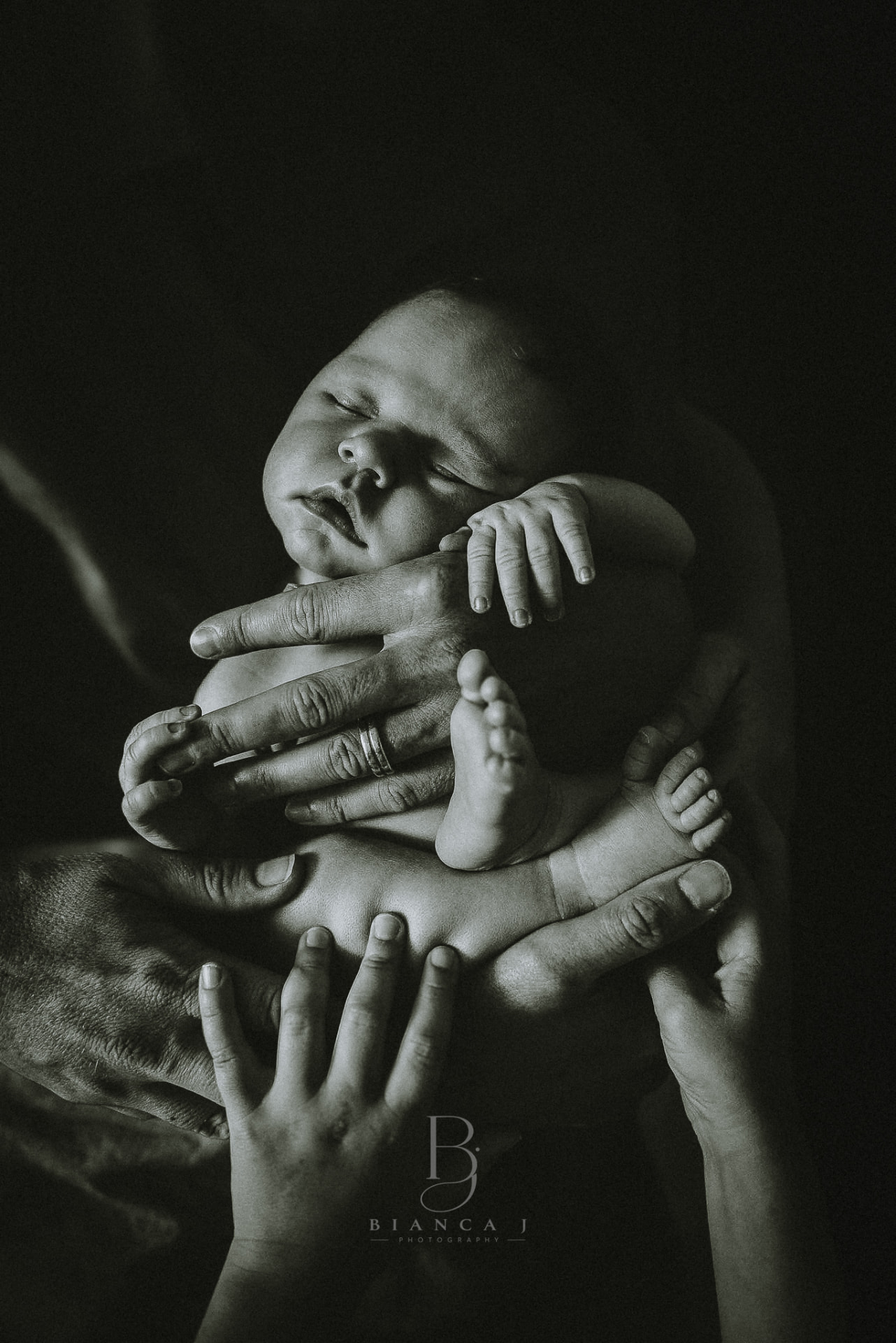 Sleeping newborn held in the whole family's hands